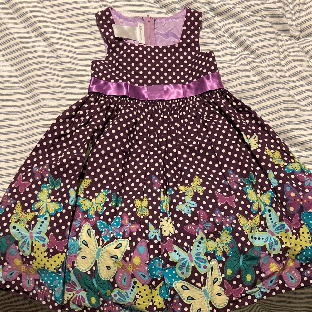 Bonnie Jean Purple Dress with White Polka Dots and Butterflies